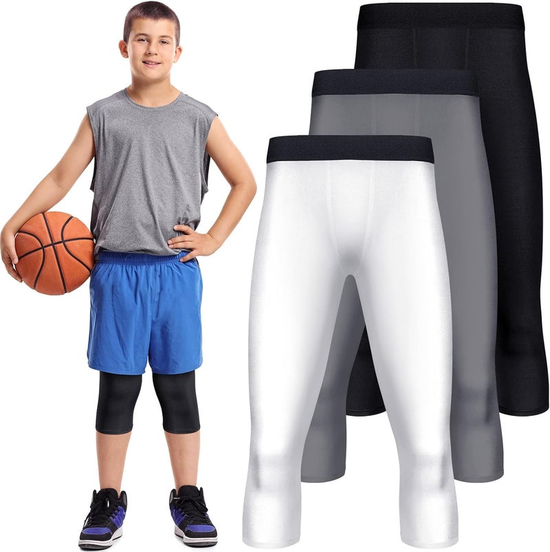 Tisancy 3 Pcs 3/4 Boys Compression Leggings Youth Basketball Quick Dry Base Layer Athletic Tights for Sports Workout Running - Image 1